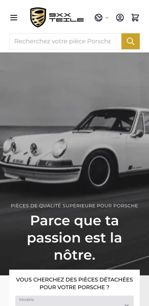 Boutique en ligne 9XX Teile construite avec Hyvä, affichée sur un smartphone