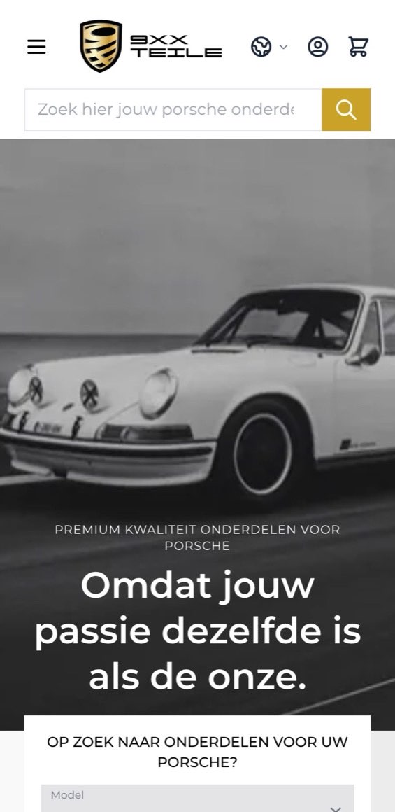 9XX Teile webshop gebouwd met Hyvä, getoond op een smartphone