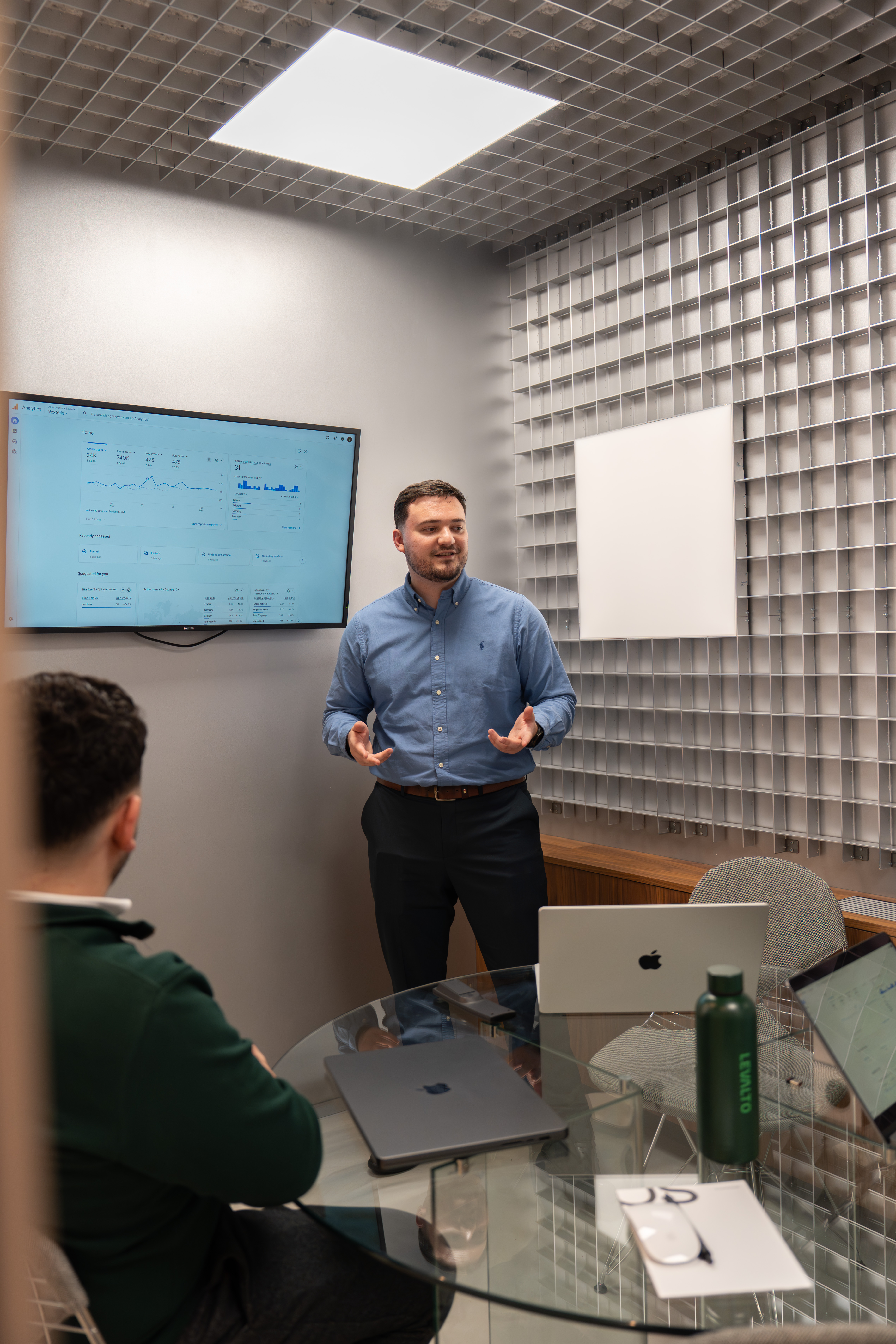 Levalto-ontwikkelaar geeft een presentatie met gegevens uit Google Analytics.